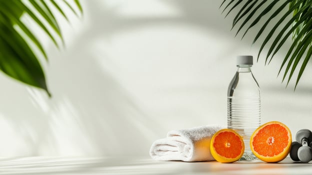 Fitness Essentials With Fresh Fruits and Workout Gear on a Marble Counter. photo