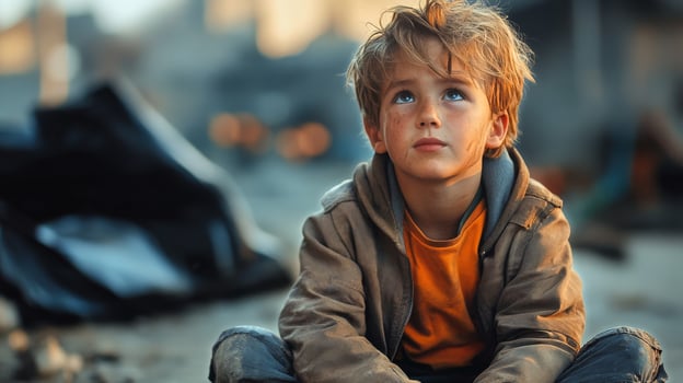 Young Boy Sitting Quietly Outdoors in a Worn Jacket, Gazing Upwards in a Faded Landscape During Golden Hour photo