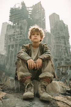 Young Boy Sitting Amidst Ruins of a Destroyed City During a Bright Day photo