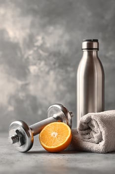 Workout Essentials With Dumbbell, Water Bottle, and Orange on Gray Surface. photo