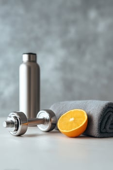 Fitness Essentials With Dumbbell, Water Bottle, Towel, and Orange on a Gray Background. photo