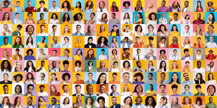 A vibrant collection of portraits features people from various backgrounds smiling and expressing diverse emotions. This lifestyle collage celebrates international unity and individuality. photo