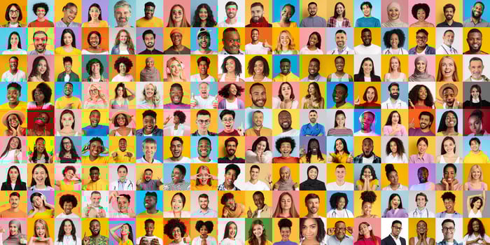 A vibrant collage showcases numerous portraits of individuals from different backgrounds, highlighting unity in diversity. Each face reflects unique stories and experiences. photo