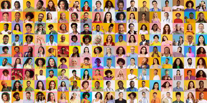 This collection presents a vibrant array of faces showcasing the beauty of diversity. Individuals from various backgrounds share joyful expressions in a cheerful and colorful setting. photo