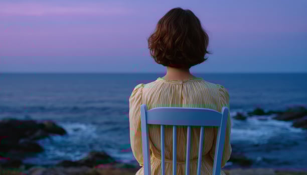 Lonely adult woman sitting alone by the sea at sunset looking away, back view. photo