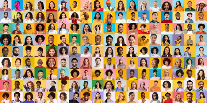 A vibrant collage showcases a diverse group of people from different backgrounds smiling joyfully. Each individual reflects unique lifestyles and cultures, creating a sense of unity and inclusion. photo