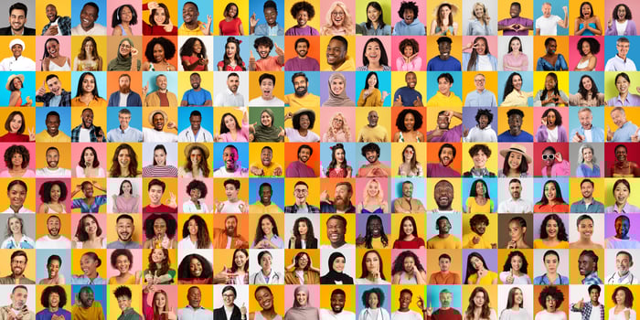 A colorful collection showcases portraits of individuals from diverse backgrounds and cultures, highlighting the beauty of multiracial lifestyles in an isolated setup. photo