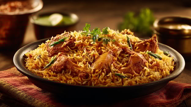Close up chicken biryani with onions in tasty food photography photo