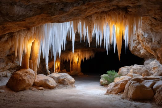 Stalactites and stalagmites illuminating dark cave creating magical atmosphere photo
