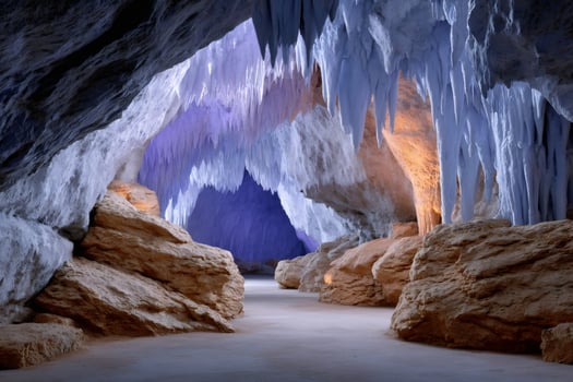Colorful stalactites hanging from ceiling in illuminated cave photo