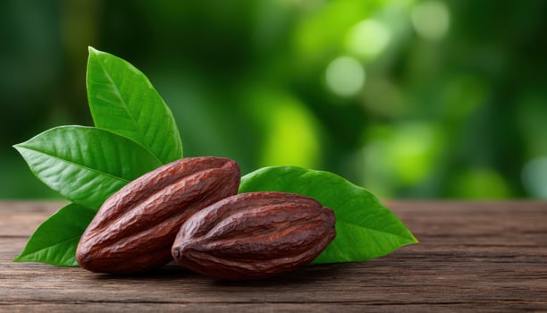 Cocoa beans with fresh pods on wooden table, copy space photo