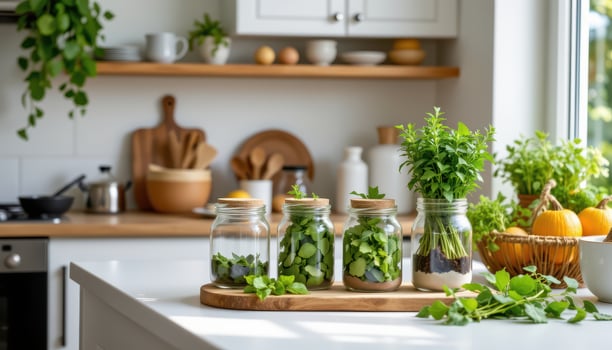 a minimalist kitchen with herbs in glass jars photo