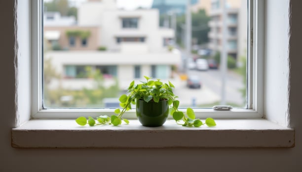 a jade plant on a minimalist concrete windowsill photo