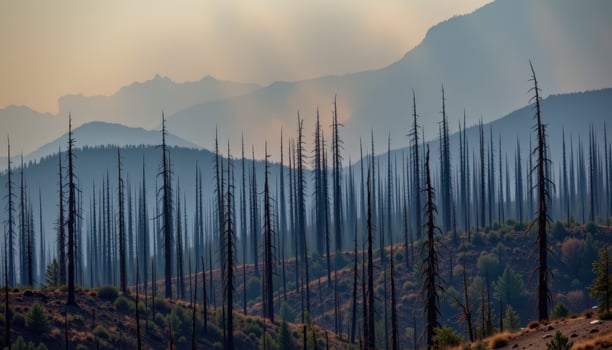 forest of blackened trees after wildfire photo