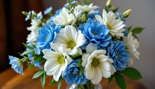 a bouquet with blue and white color tones photo