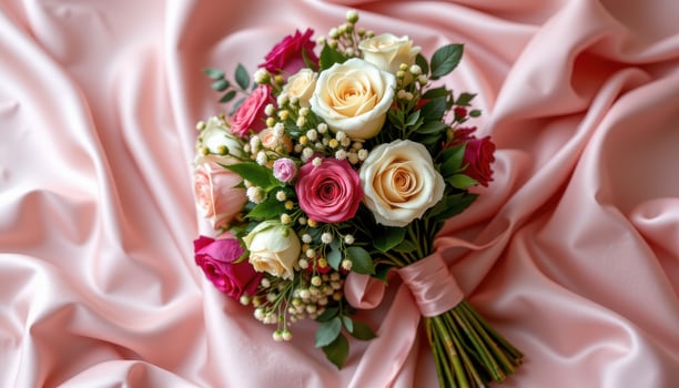 a bouquet with a satin ribbon lying on silk photo