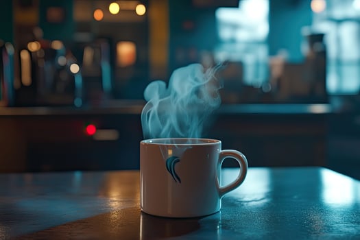 Steaming Coffee Mug in a Cafe Setting photo