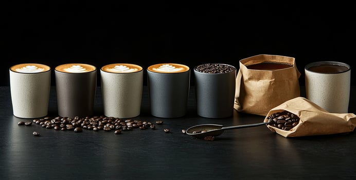 Latte art coffee cups beans and brewing tools photo