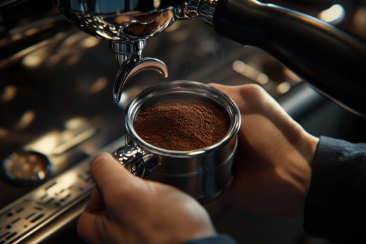 Espresso Preparation Hands Hold Portafilter Coffee Grounds photo