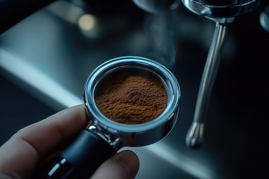 Ground coffee in portafilter ready for espresso brewing photo