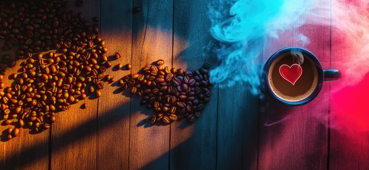 Aromatic Coffee Beans and Steaming Cup With Heart photo