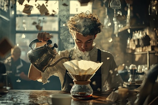 Barista carefully pours hot water over coffee grounds photo