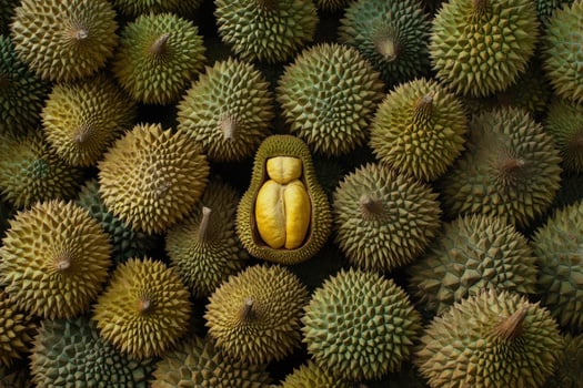 Durian fruit arrangement showing a single open fruit photo