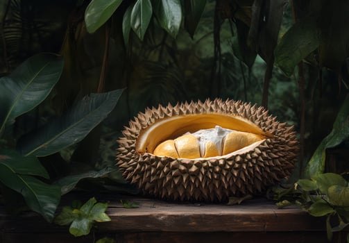 Durian fruit open revealing its creamy yellow flesh photo