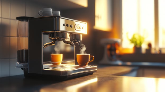 Espresso Machine Brewing Fresh Coffee in Morning Sunlight photo
