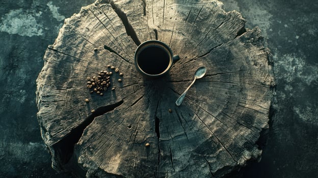 Dark Coffee On Rustic Tree Stump Background photo
