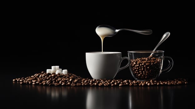 Coffee preparation with creamer sugar and beans photo