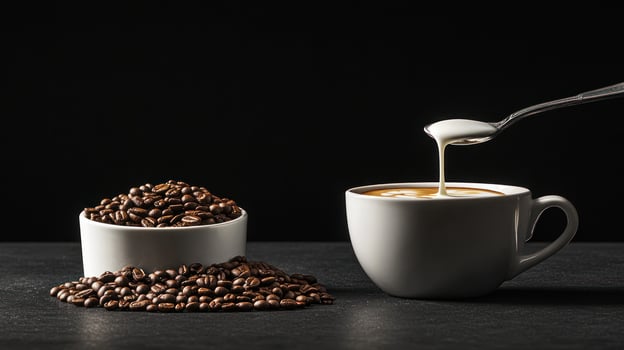 Latte Art Creation Coffee Beans And Cup photo