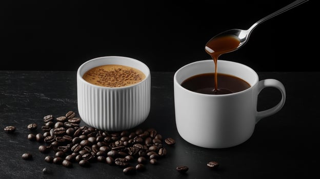 Coffee Beans Cups And Spoon Pouring Coffee photo