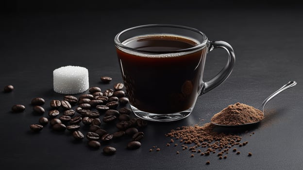 Black Coffee Beans Sugar And Instant Coffee photo