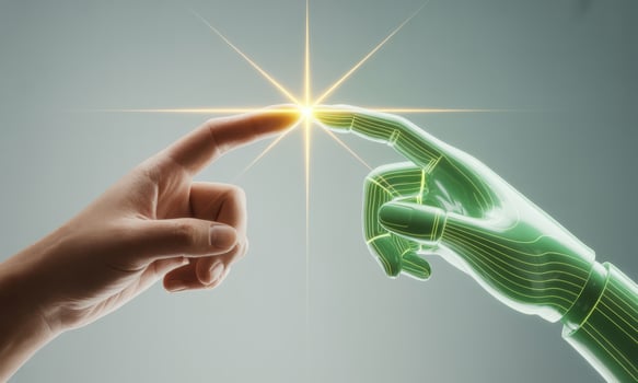 Human hand connecting with robotic hand, representing ai and technology photo