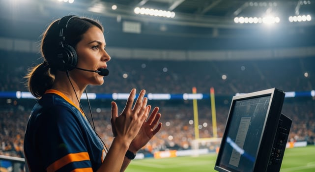 Female sports commentator broadcasting live from a stadium during a professional game photo