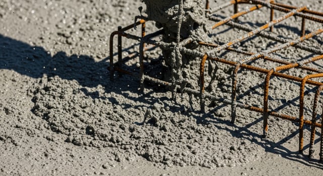 Pouring wet concrete onto a rebar foundation at a construction site photo