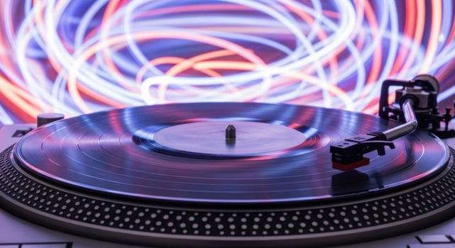 Vintage turntable with spinning vinyl record and dynamic light trails background photo