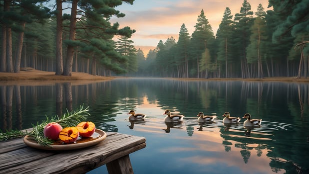 Ducks Swimming on a Calm Lake Near Dock with Peaches photo
