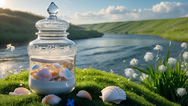 Glass Jar with Seashells on Grassy Hill by Peaceful River photo