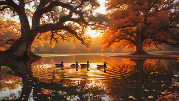 Ducks Swim on Pond with Reflection Under Autumn Trees photo