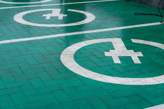 Charging points for electric vehicles are marked on the vibrant green pavement, highlighting the advancement of sustainable transportation in modern cities photo