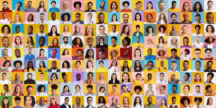 A vibrant collection of diverse individuals' faces highlights the beauty of diversity. Each portrait reflects unique stories, lifestyles, and backgrounds, celebrating global unity. photo