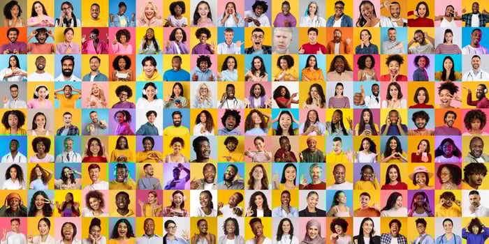 This vibrant collage displays a diverse group of individuals with distinct facial expressions, highlighting the beauty of multiracial lifestyles. photo