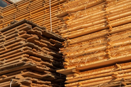 Sunlight shines on neatly stacked timber planks at a sawmill. Various sizes of wooden lumber are organized for drying, showcasing the natural grain and texture of the wood photo