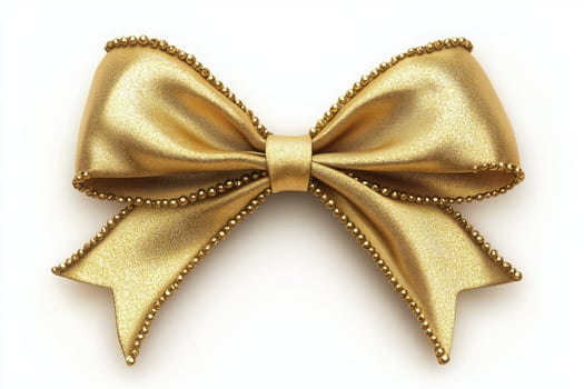 Gold satin ribbon bow with beads isolated on white background photo