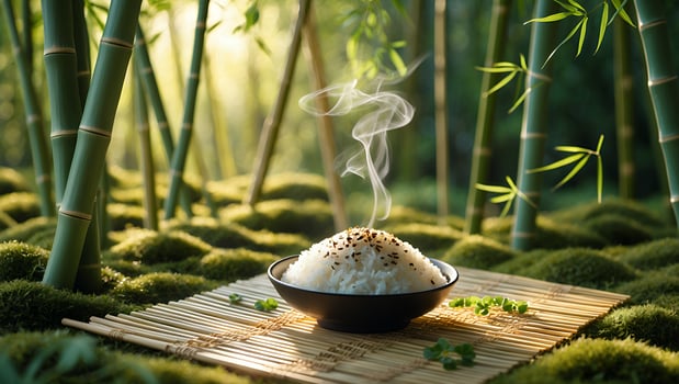 Serving Hot Rice Topped with Sesame Seeds in Bamboo Forest photo