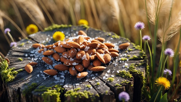 Almonds with Sea Salt on Wooden Stump Surrounded by Wildflowers photo