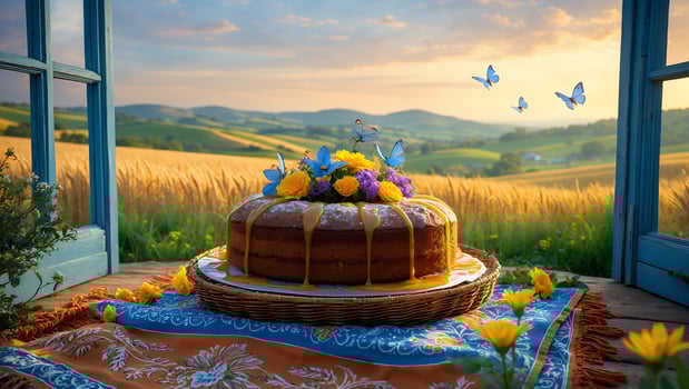 Cake with Flowers and Butterflies on Table by Window Overlooking Field photo