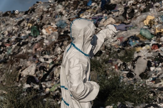Dressed in a protective suit, a worker inspects a vast landfill, observing the layers of waste piled high and pointing out areas of concern for environmental impact photo